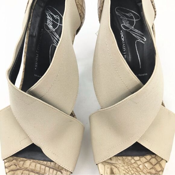 Donald J. Pliner Tan Crisscross Elastic Faux Crocodile Open Toe Heels - Picture 7 of 16